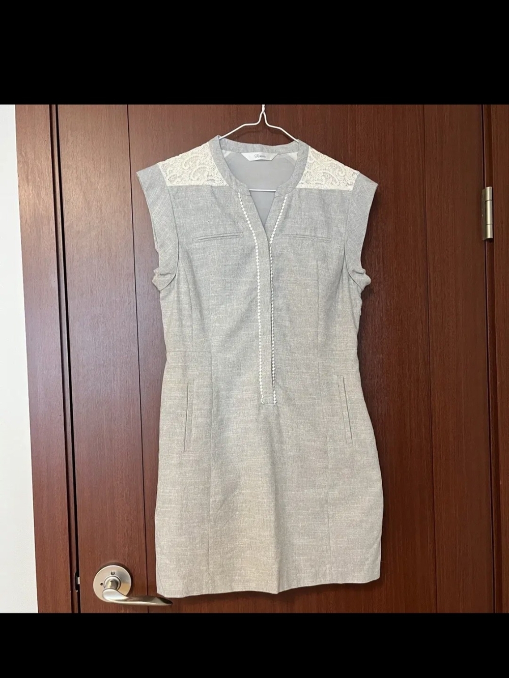 Roem Sleeveless Gray Lace-Yoke Sheath Dress